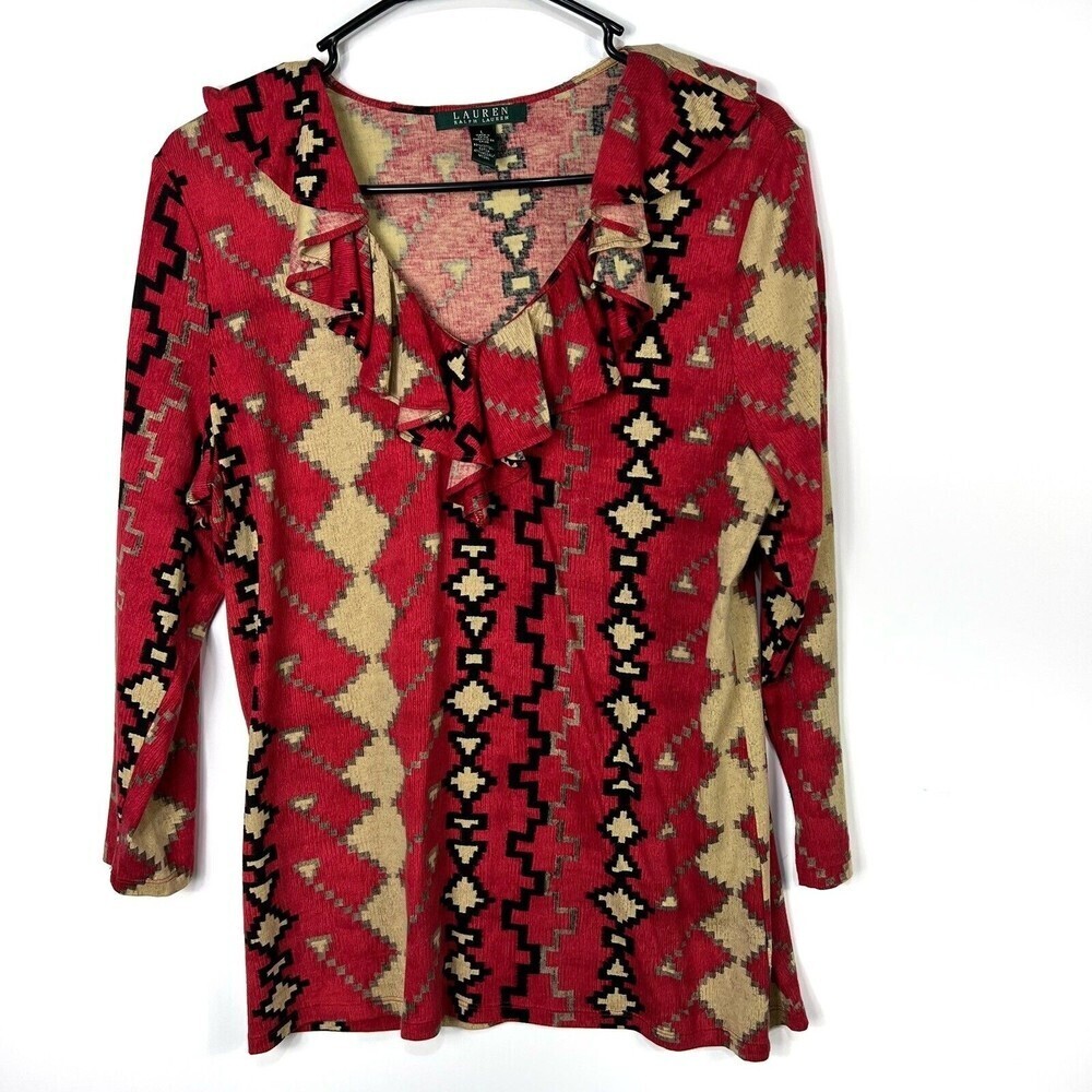 LAUREN RALPH LAUREN‎ Women L AZTEC TRIBAL RUFFLE COLLAR 3/4 SLEEVE BLOUSE WOMENS